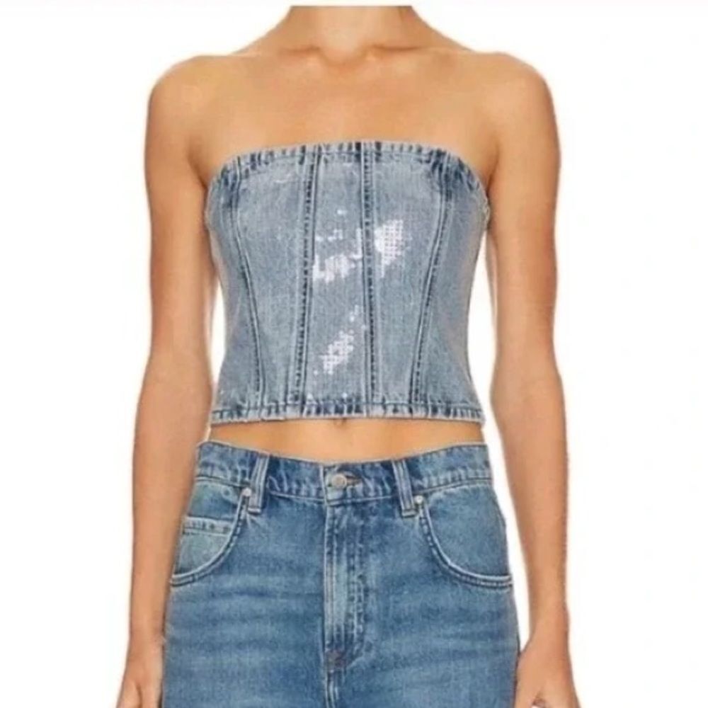 NWT GRLFRND x Lindsi Lane Aurora Sequin
Bustier Crop Top Denim Strapless XS